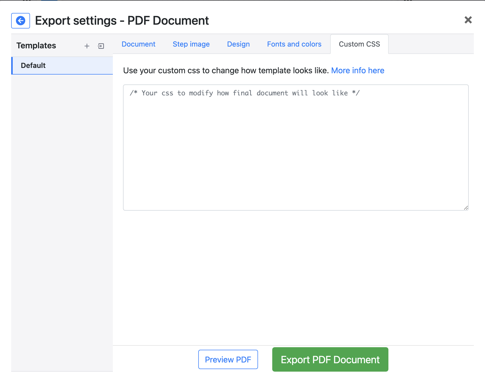 Custom CSS field in export settings